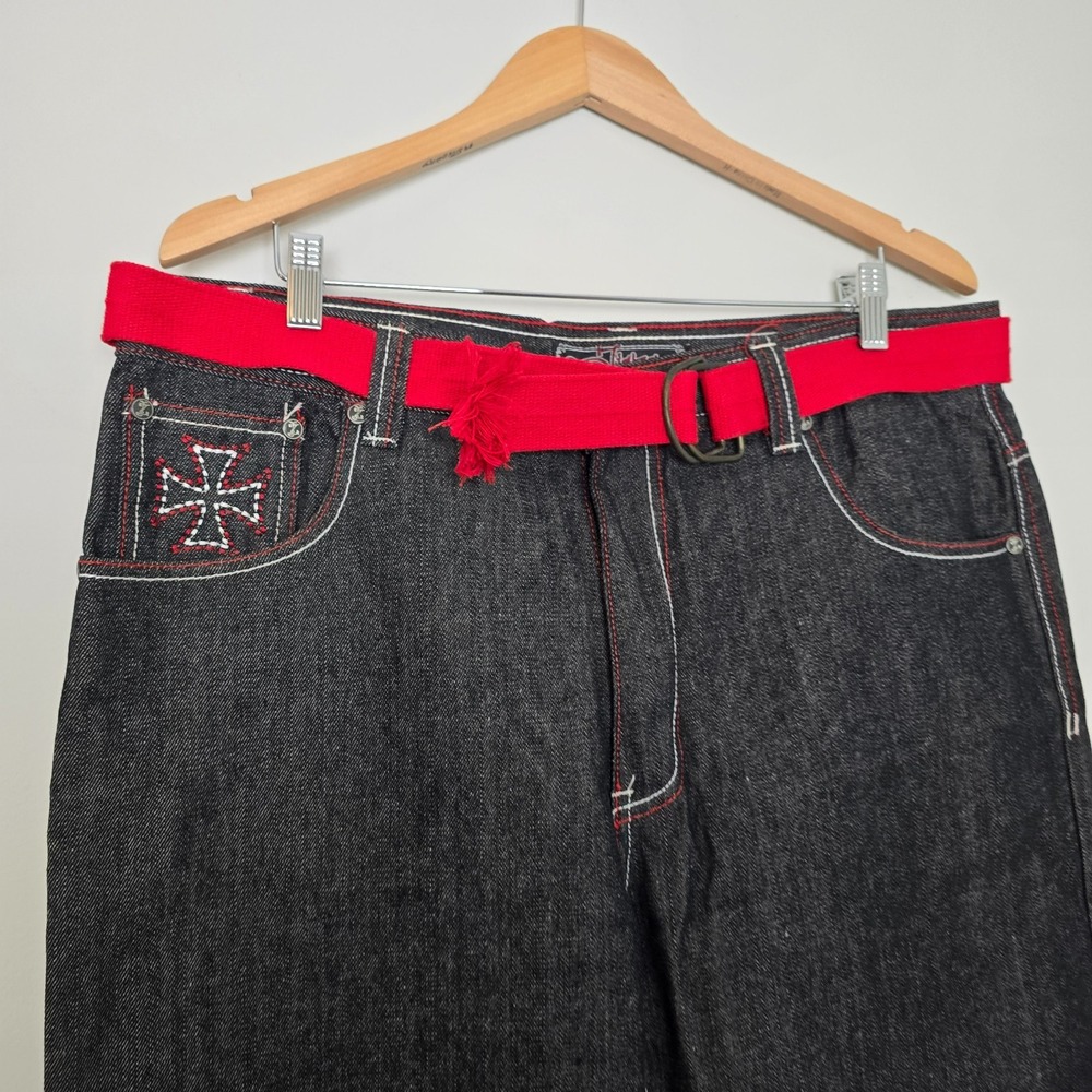 Vintage Y2K Jinzu Mens Baggy Hip Hop Punk Jeans Size 38x32 Black Rigid Red Cross - Picture 5 of 10